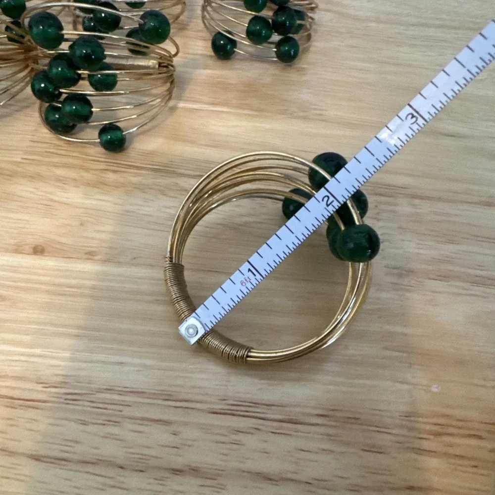 Set Up 8 Mid-Century Modern Style Gold Wire Emerald Green Beads‎ Napkin Ring